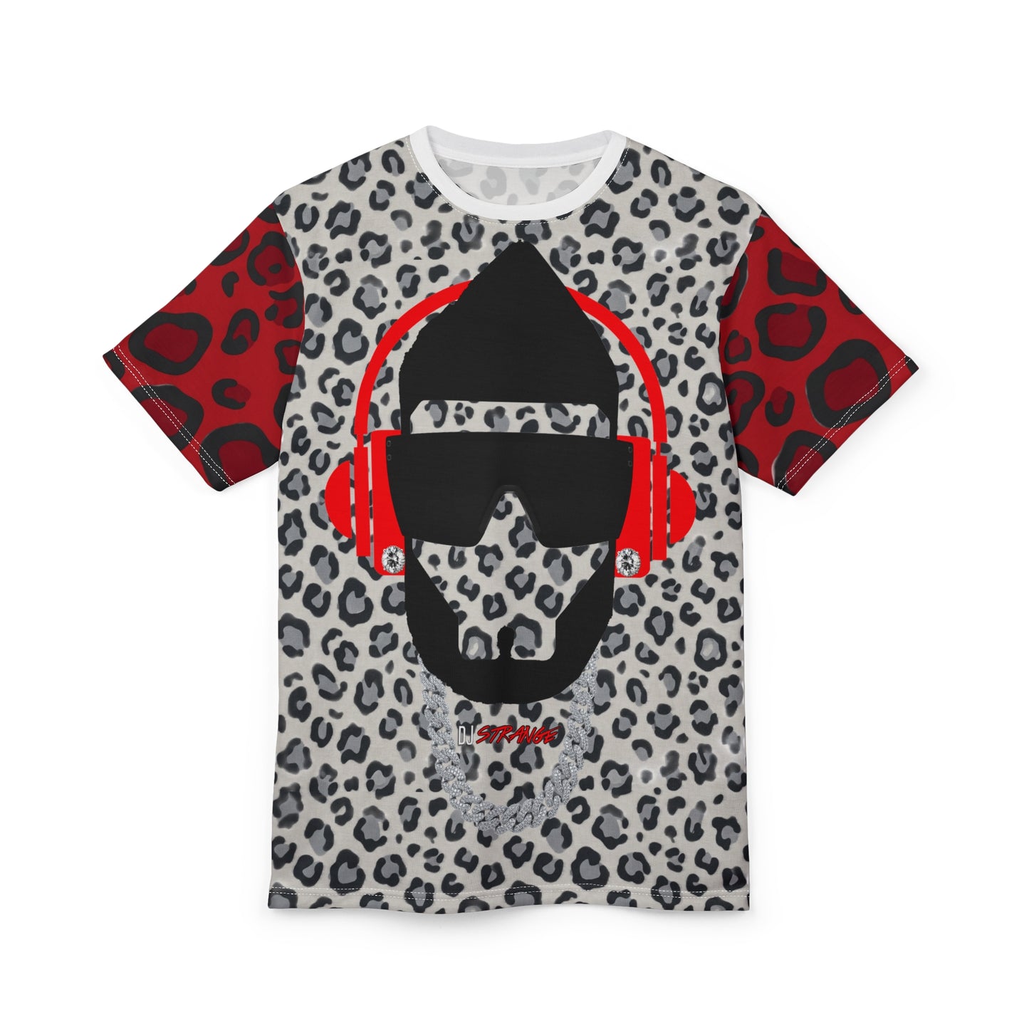 Gray/Red Leopard Print StrangeWear Silhouette Tee — Red Headphones Graphic T-Shirt