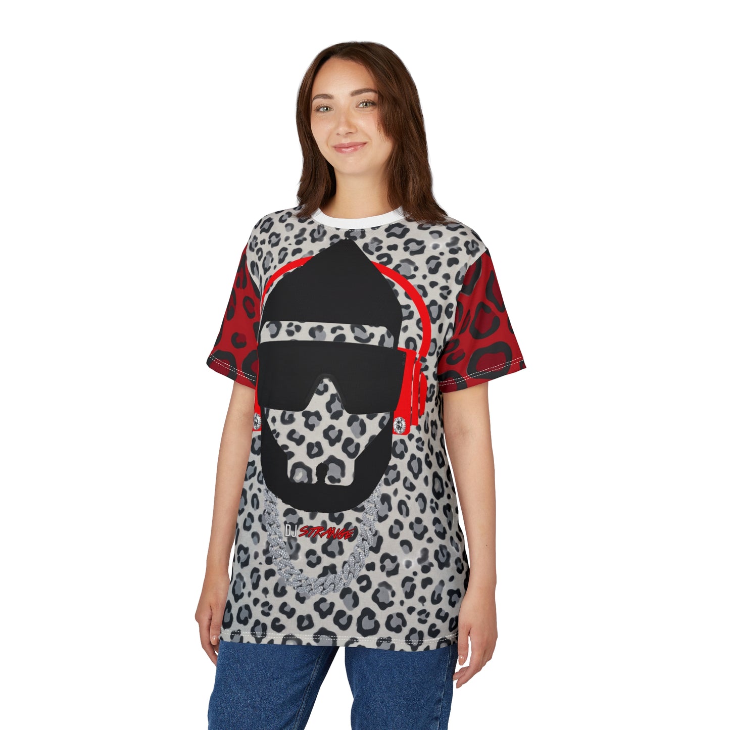 Gray/Red Leopard Print StrangeWear Silhouette Tee — Red Headphones Graphic T-Shirt