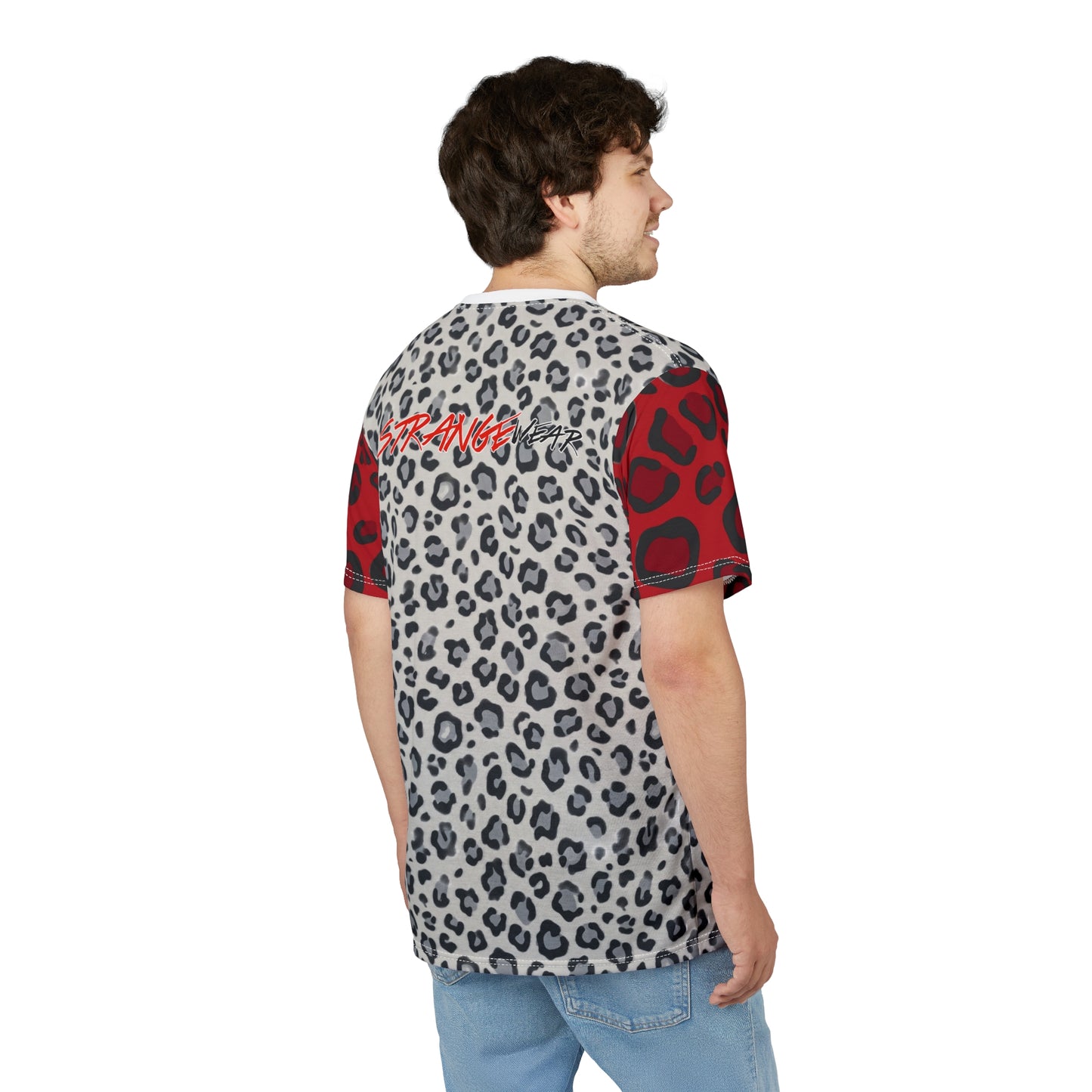 Gray/Red Leopard Print StrangeWear Silhouette Tee — Red Headphones Graphic T-Shirt