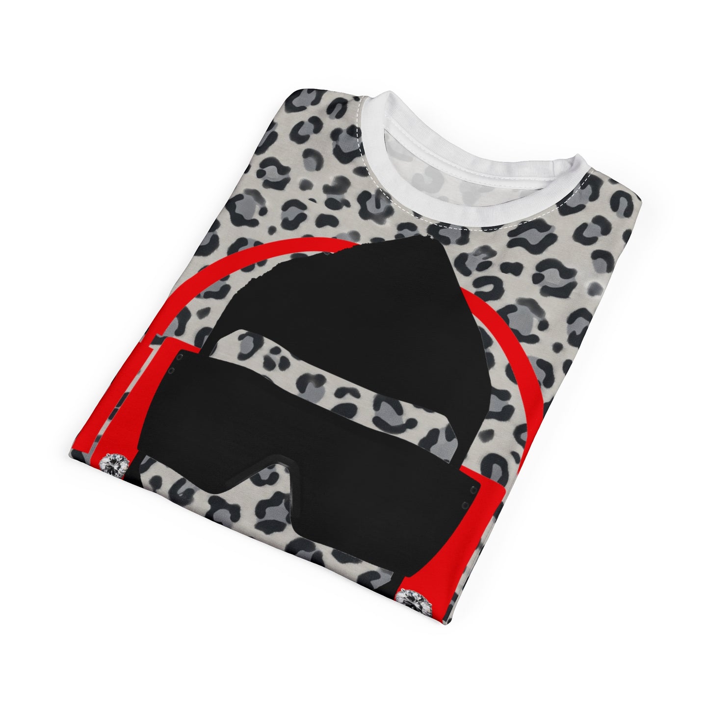 Gray/Red Leopard Print StrangeWear Silhouette Tee — Red Headphones Graphic T-Shirt