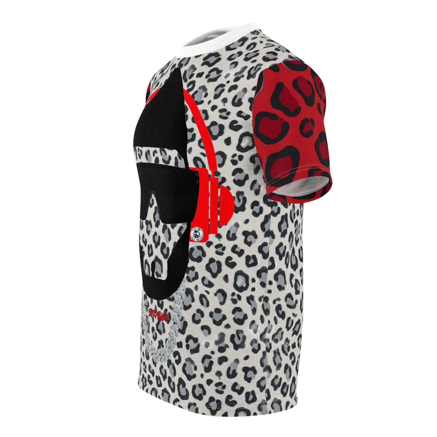 Gray/Red Leopard Print StrangeWear Silhouette Tee — Red Headphones Graphic T-Shirt