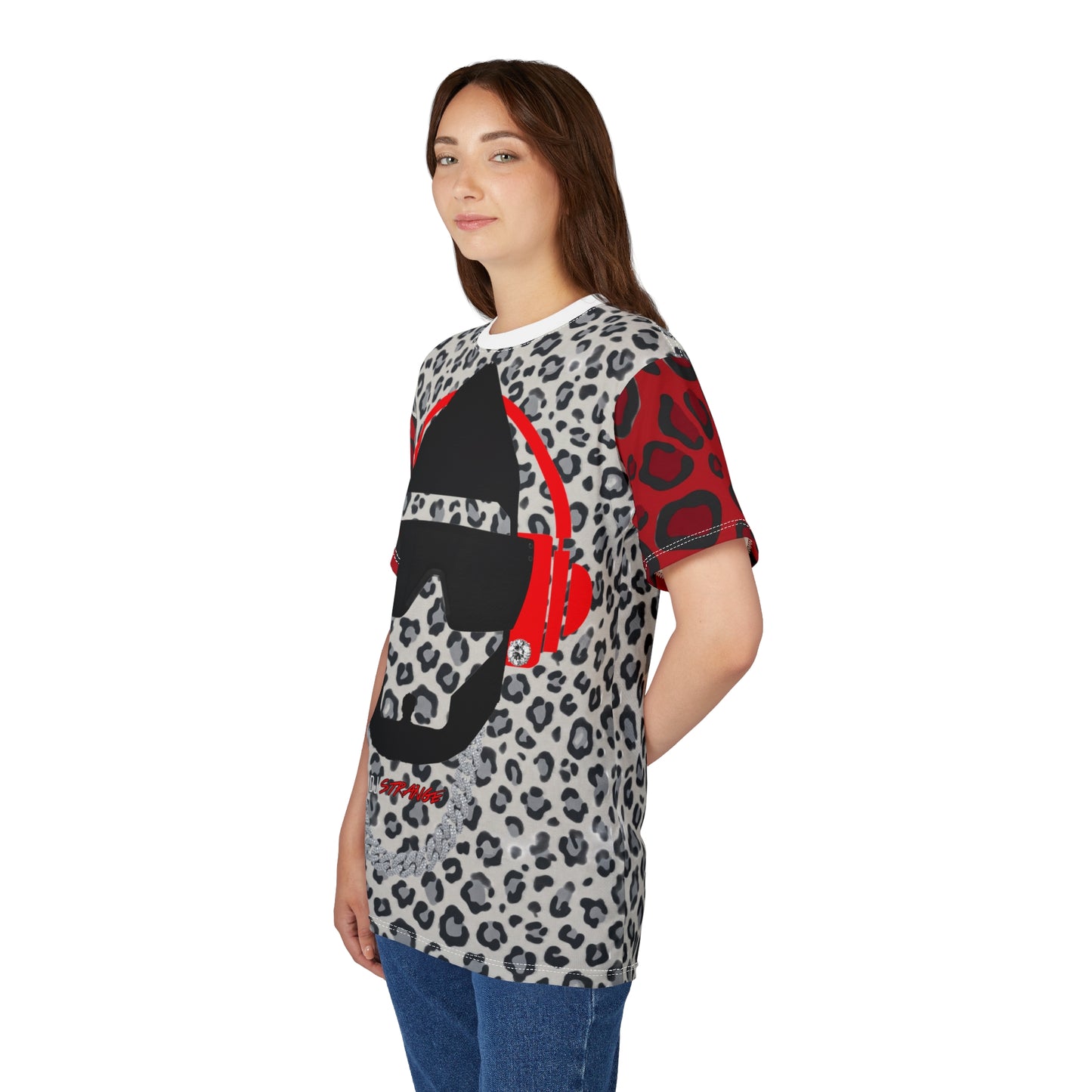 Gray/Red Leopard Print StrangeWear Silhouette Tee — Red Headphones Graphic T-Shirt