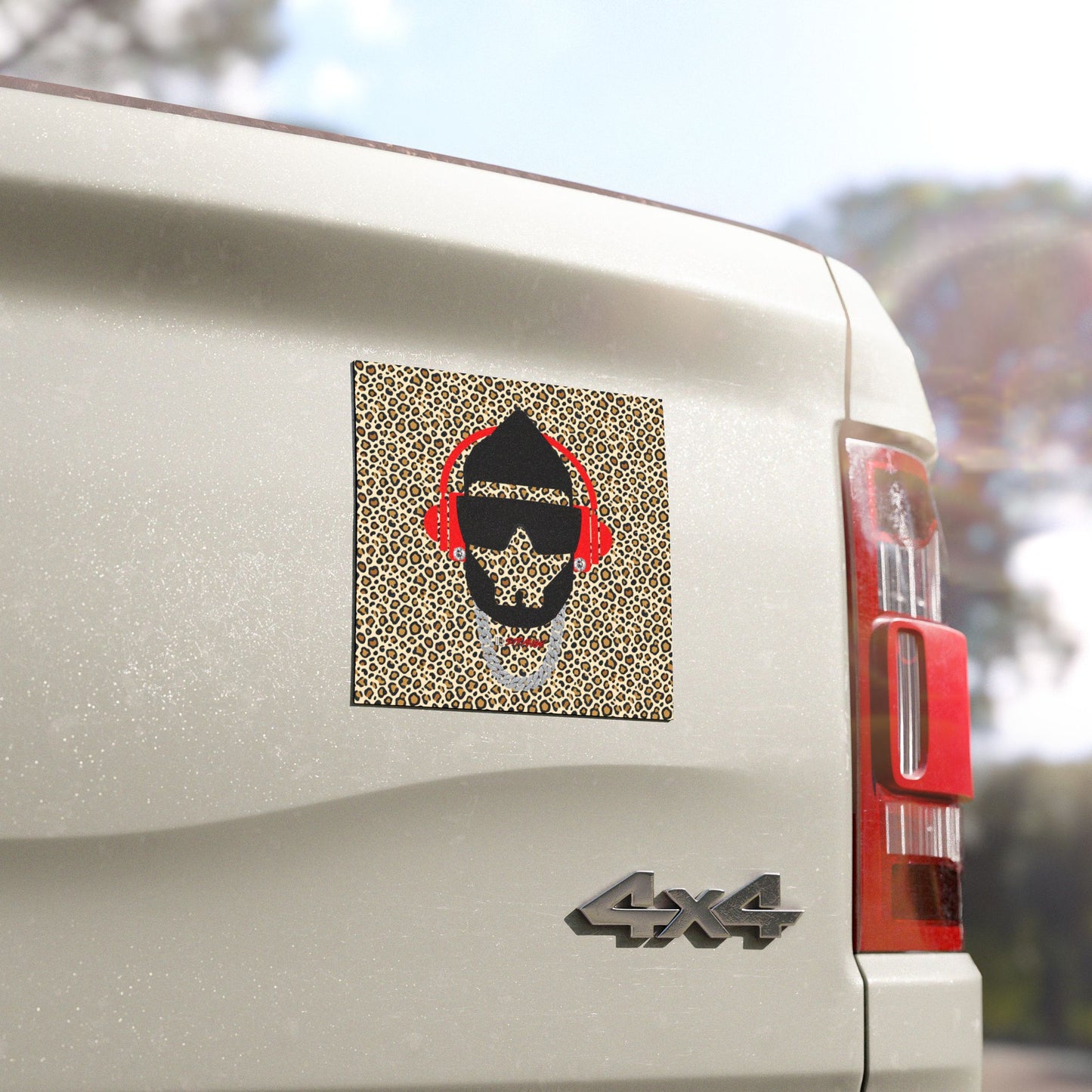 Leopard DJ Car Magnet — Retro Headphones & Chain Auto Decal