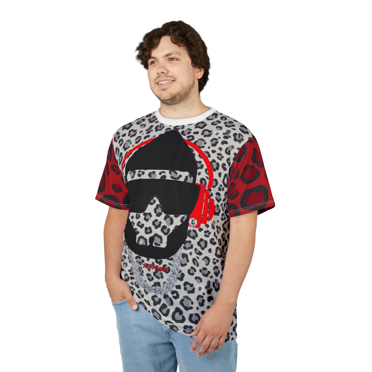 Gray/Red Leopard Print StrangeWear Silhouette Tee — Red Headphones Graphic T-Shirt
