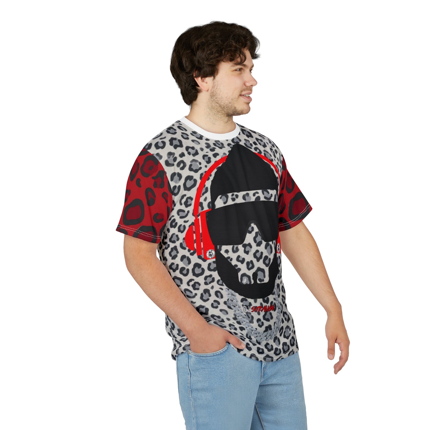 Gray/Red Leopard Print StrangeWear Silhouette Tee — Red Headphones Graphic T-Shirt