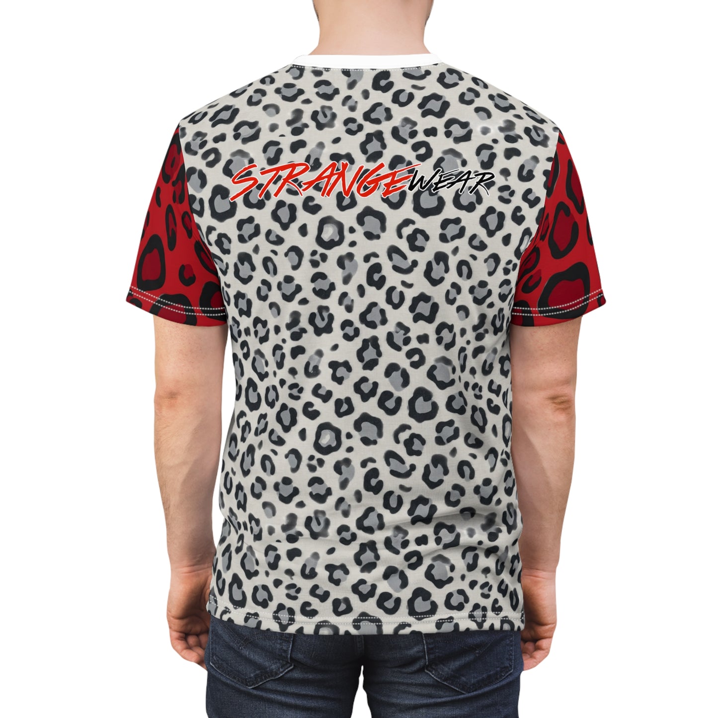 Gray/Red Leopard Print StrangeWear Silhouette Tee — Red Headphones Graphic T-Shirt