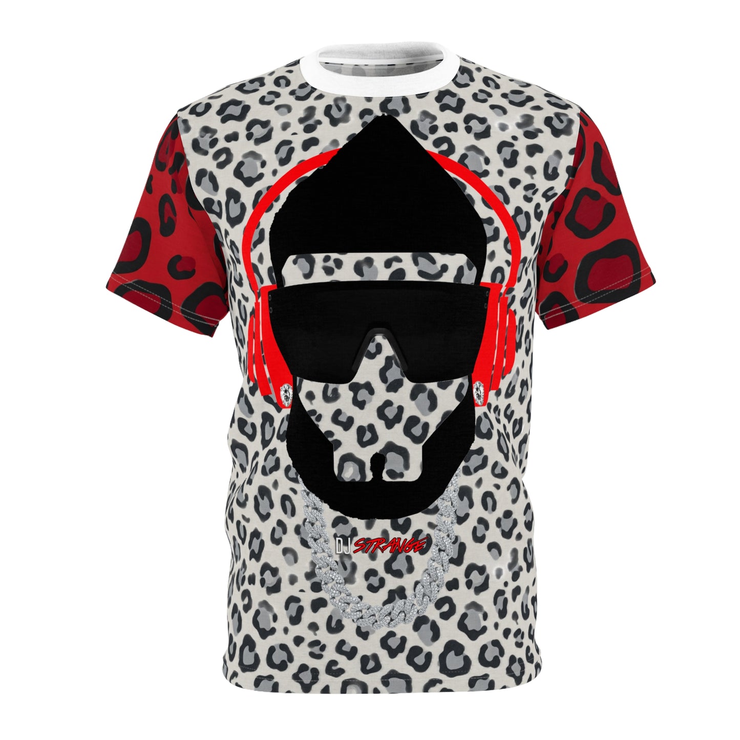 Gray/Red Leopard Print StrangeWear Silhouette Tee — Red Headphones Graphic T-Shirt