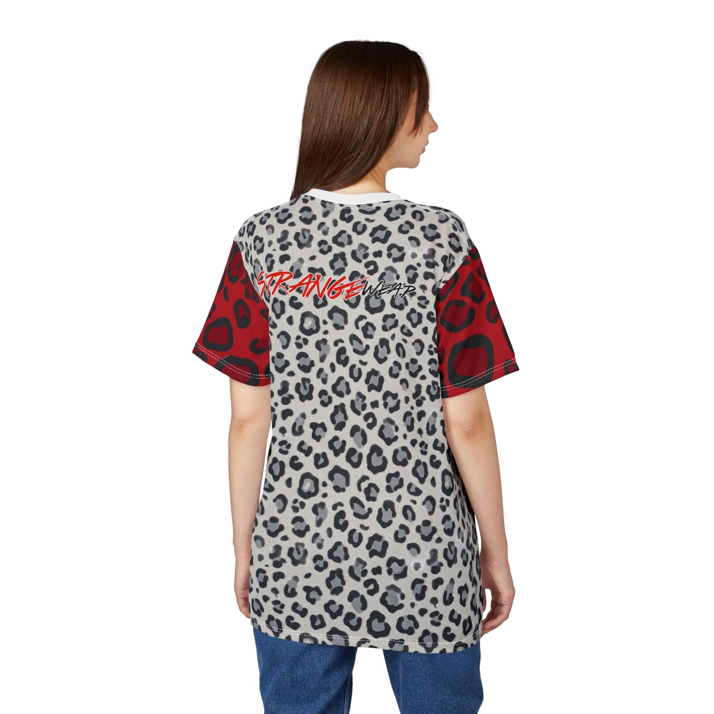 Gray/Red Leopard Print StrangeWear Silhouette Tee — Red Headphones Graphic T-Shirt